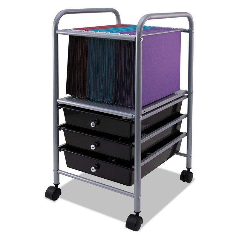 Vertiflex Rolling File Cabinet Cart Organizer With Three Drawers, Black and Silver - Image 1