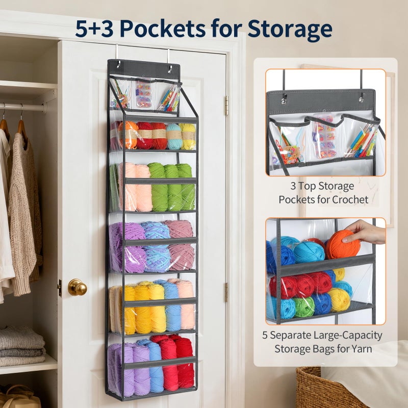 Yecaye 6 Tier Clear Door Hanging Yarn Storage Organizer, 5 Large Plastic Pockets and 3 Top Pockets Crochet Organizer, Over the Door Yarn Ball Storage for Knitting Needles and Crochet Hooks, Grey - Image 4