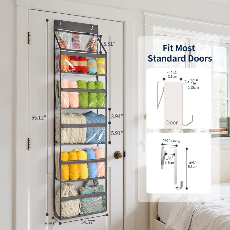 Yecaye 6 Tier Clear Door Hanging Yarn Storage Organizer, 5 Large Plastic Pockets and 3 Top Pockets Crochet Organizer, Over the Door Yarn Ball Storage for Knitting Needles and Crochet Hooks, Grey - Image 2