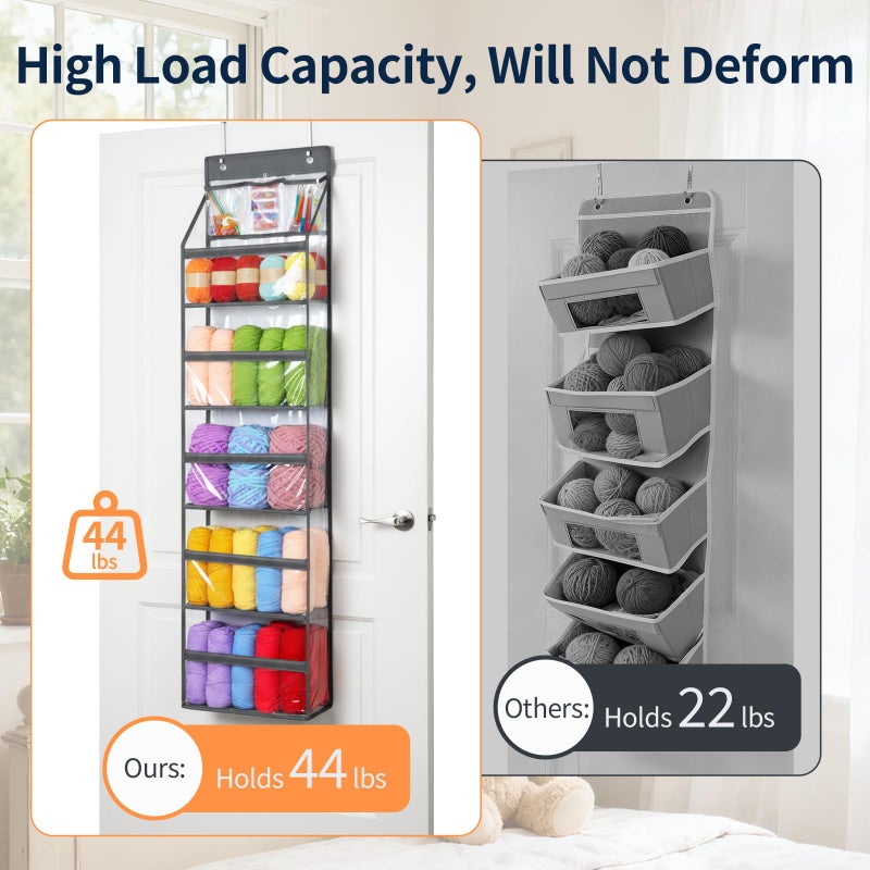 Yecaye 6 Tier Clear Door Hanging Yarn Storage Organizer, 5 Large Plastic Pockets and 3 Top Pockets Crochet Organizer, Over the Door Yarn Ball Storage for Knitting Needles and Crochet Hooks, Grey - Image 5