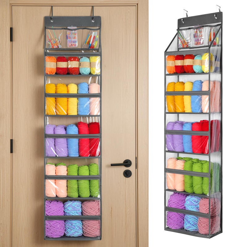 Yecaye 6 Tier Clear Door Hanging Yarn Storage Organizer, 5 Large Plastic Pockets and 3 Top Pockets Crochet Organizer, Over the Door Yarn Ball Storage for Knitting Needles and Crochet Hooks, Grey - Image 1