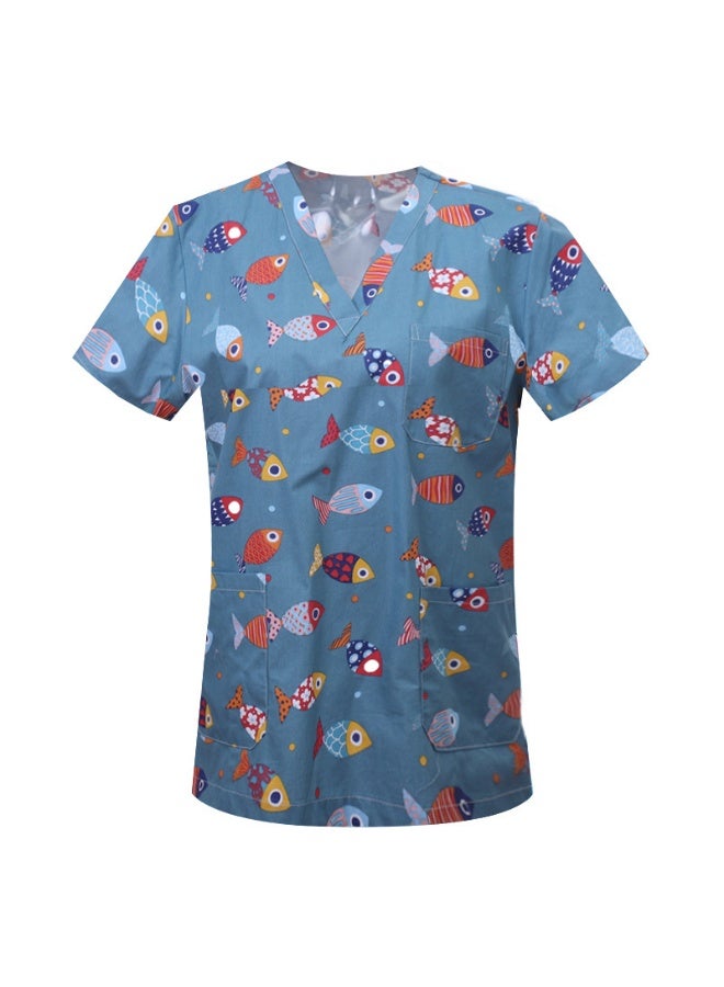 Loquat Womens Medical Scrubs Single Top Medical Uniform Single Printed Top Fish Print on Blue Background - Image 1