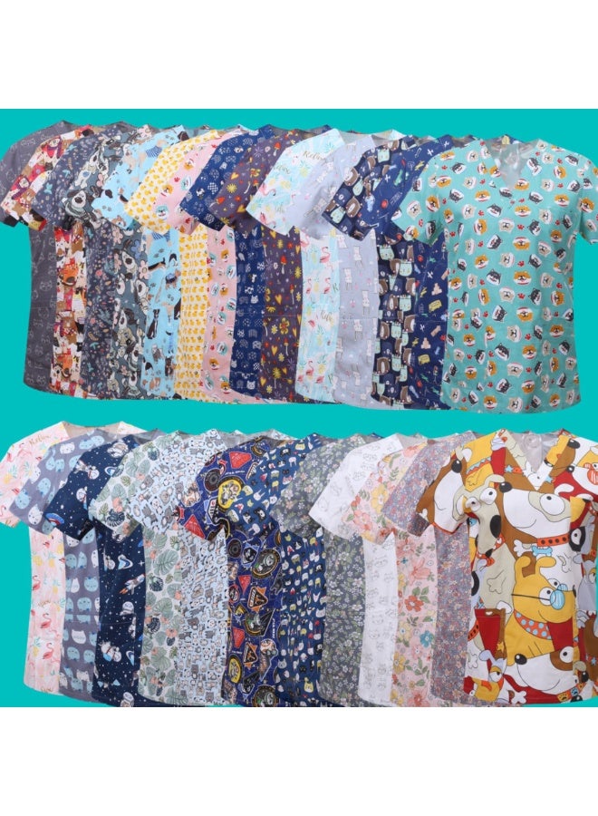 Loquat Womens Medical Scrubs Single Top Medical Uniform Single Printed Top Fish Print on Blue Background - Image 3