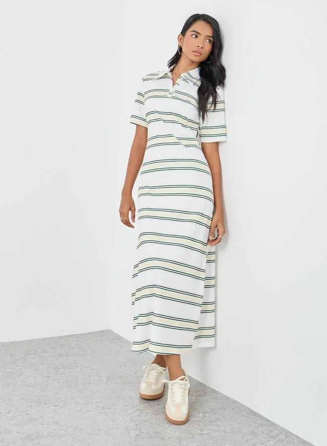 Take Two Take Two Stripes Short Sleeve Polo Neck Midi Dress