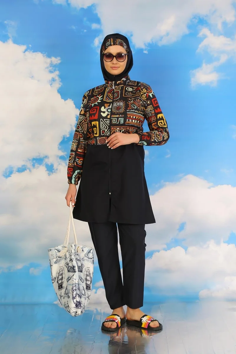 اكبينيز Women's Patterned Full Hijab Swimsuit with Trousers Navy Blue 31074