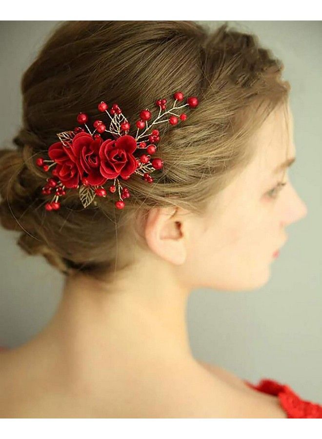 Chargances Bride Floral Hair Comb Wedding Red Hair Vine Comb Wedding Red Hair Piece Sparkle Crystal Hair Comb Rhinestone Hair Comb Boho Delicate Handmade Gold Jewelry Gift For Women And Girls - Image 1