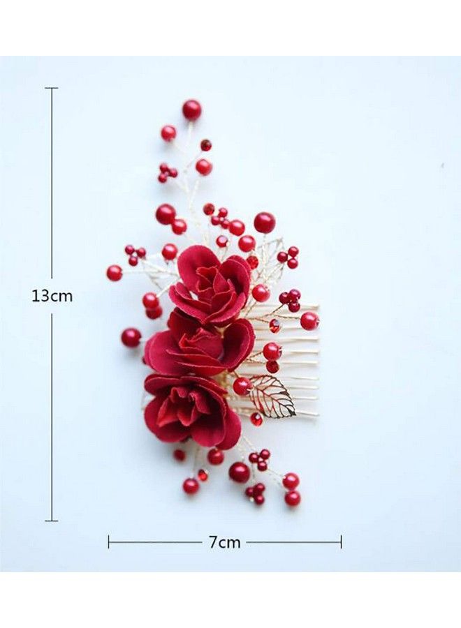 Chargances Bride Floral Hair Comb Wedding Red Hair Vine Comb Wedding Red Hair Piece Sparkle Crystal Hair Comb Rhinestone Hair Comb Boho Delicate Handmade Gold Jewelry Gift For Women And Girls - Image 4