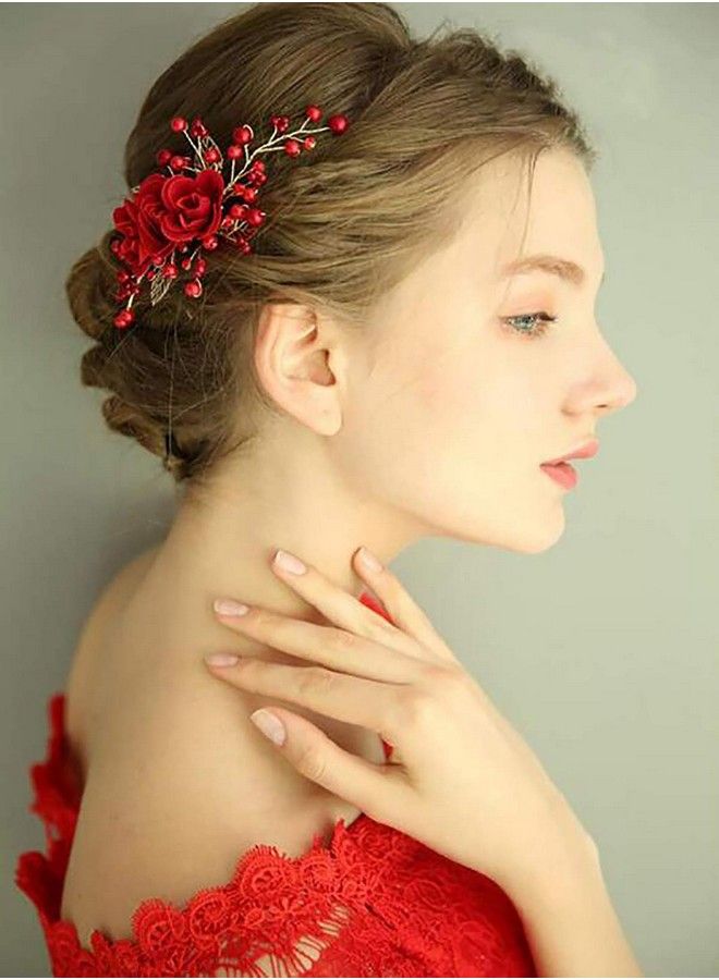 Chargances Bride Floral Hair Comb Wedding Red Hair Vine Comb Wedding Red Hair Piece Sparkle Crystal Hair Comb Rhinestone Hair Comb Boho Delicate Handmade Gold Jewelry Gift For Women And Girls - Image 3