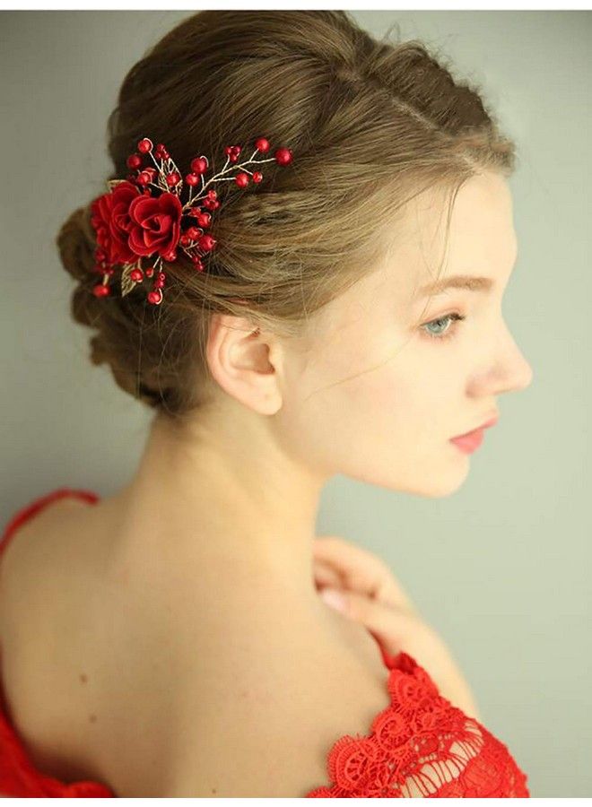 Chargances Bride Floral Hair Comb Wedding Red Hair Vine Comb Wedding Red Hair Piece Sparkle Crystal Hair Comb Rhinestone Hair Comb Boho Delicate Handmade Gold Jewelry Gift For Women And Girls - Image 5