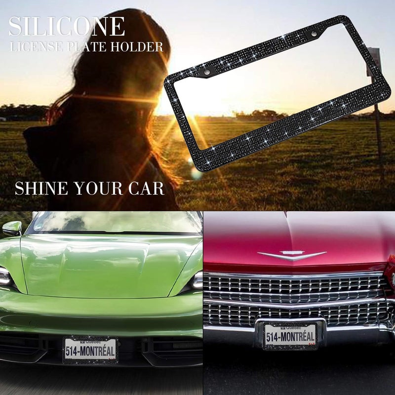 OKLPF Bling License Plate Frame for Women, Sparkly Stainless Steel License Plate Frames| Over 1200 pcs 14 Facets Bedazzled Clear Glass Rhinestone Crystals w/Free Glitter Diamond 1PCS Box (Black) - Image 2
