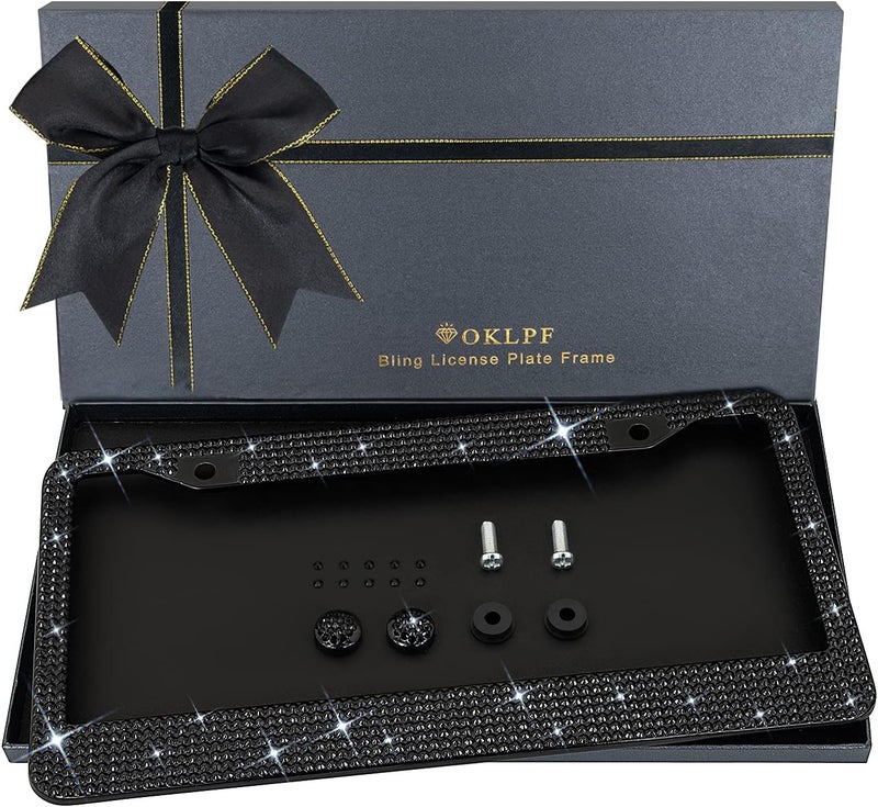 OKLPF Bling License Plate Frame for Women, Sparkly Stainless Steel License Plate Frames| Over 1200 pcs 14 Facets Bedazzled Clear Glass Rhinestone Crystals w/Free Glitter Diamond 1PCS Box (Black) - Image 1