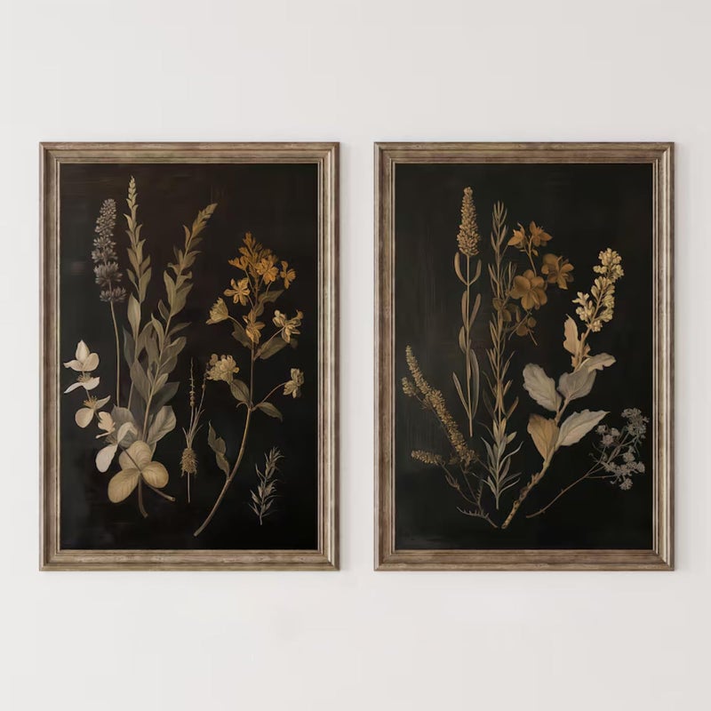 Tanmart Vintage Floral Wall Art Decor Black Botanical Canvas Art Moody Flower Wall Art Dark Academia Poster Painting Vintage Floral Prints Pictures for Bedroom Living Room 12x16 Inch Set of 2 Unframed - Image 1