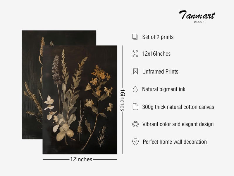 Tanmart Vintage Floral Wall Art Decor Black Botanical Canvas Art Moody Flower Wall Art Dark Academia Poster Painting Vintage Floral Prints Pictures for Bedroom Living Room 12x16 Inch Set of 2 Unframed - Image 2