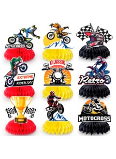 FRUITFUL PARTY Motorcycle Honeycomb Centerpiece, 9 Pcs Motorbike Happy Birthday Honeycomb Centerpieces/Dirt Bike Party Centerpieces/Motorcycle Birthday Decorations Honeycomb for Dirt Bike Birthday Party Decorations  - Image 1