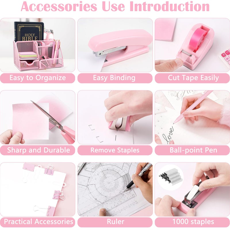 Scindaly Pink Office Desk Accessories Supplies, 12pcs Desk Organizers and Accessories with Tape dispenser and Stapler,Staples,Staple Remover,Pen Holder,Scissor,Ruler,Sticky Tabs,Tape,Ballpoint Pen,Clips Set - Image 5