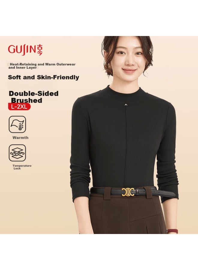 Gujin Double-sided Brushed Autumn Winter Warm Slim Fit High Elastic Skin-friendly Women's Thermal Top Innerwear Outerwear - Image 1