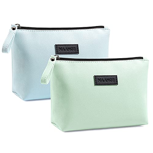 MAANGE Cosmetic Bags for Women 2 Pcs Small Makeup Bag with Zipper Pu Leather Makeup Pouch Makeup Bag for Purse Make Up Bag for Travelling (Green+Blue) - Image 1