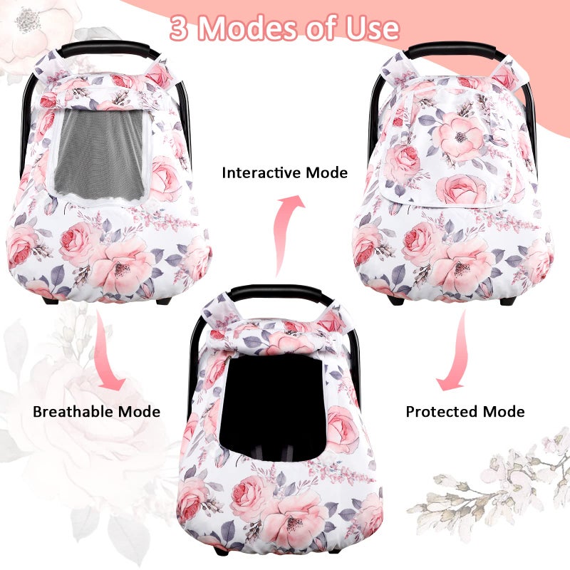SWESEN Car Seat Covers for Babies, Winter Carseat Cover Girls, Mink Infant Car Seat Canopy, Cozy & Warm Cover, Pink Floral - Image 3