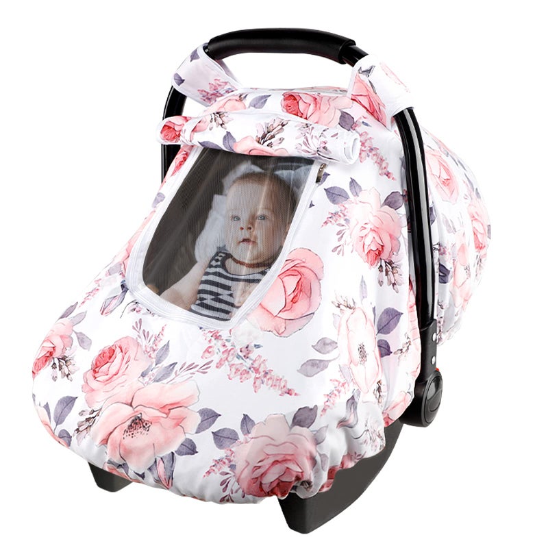 SWESEN Car Seat Covers for Babies, Winter Carseat Cover Girls, Mink Infant Car Seat Canopy, Cozy & Warm Cover, Pink Floral - Image 1