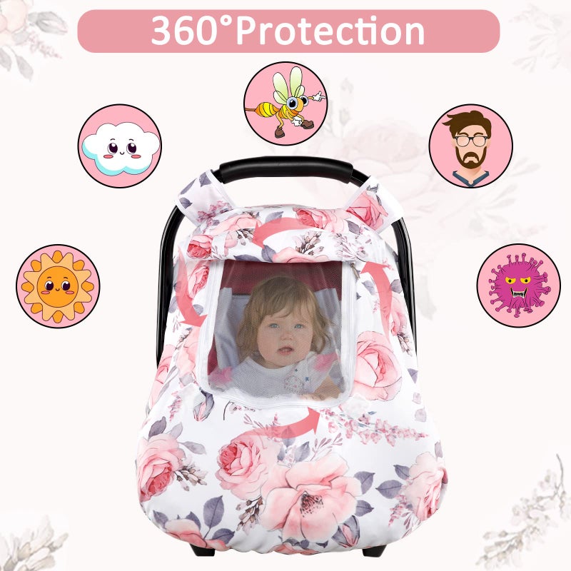 SWESEN Car Seat Covers for Babies, Winter Carseat Cover Girls, Mink Infant Car Seat Canopy, Cozy & Warm Cover, Pink Floral - Image 4