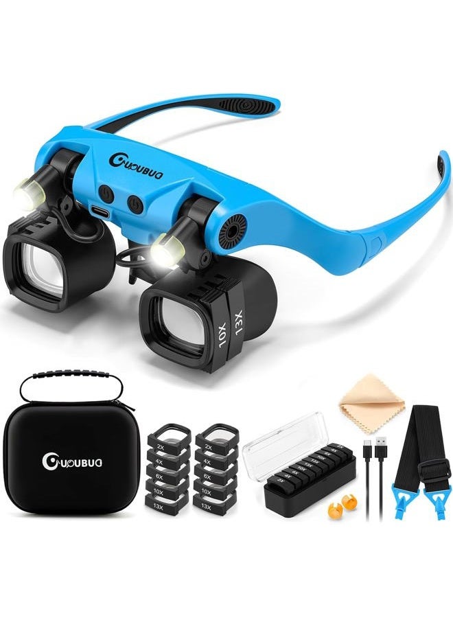 GUOUBUO Magnifying Glass with Light, 2X 4X 6X 10X 13X Magnifying Glasses Lens, Switchable Binoculus Loupe w/Storage Case, Rechargeable Head Mount Magnifier for Close Work Watch Repair Crafts Jewelry - Image 1