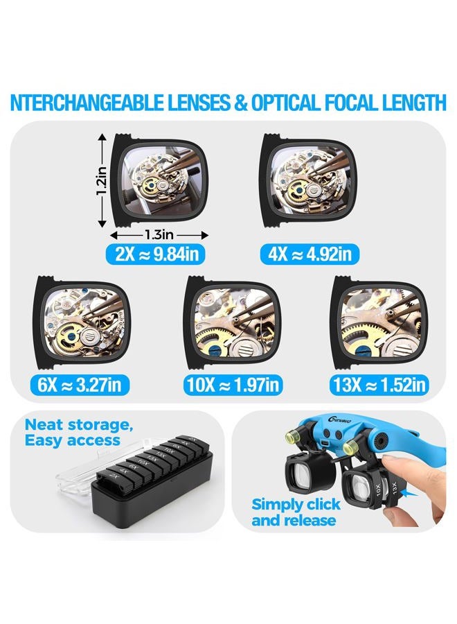 GUOUBUO Magnifying Glass with Light, 2X 4X 6X 10X 13X Magnifying Glasses Lens, Switchable Binoculus Loupe w/Storage Case, Rechargeable Head Mount Magnifier for Close Work Watch Repair Crafts Jewelry - Image 3