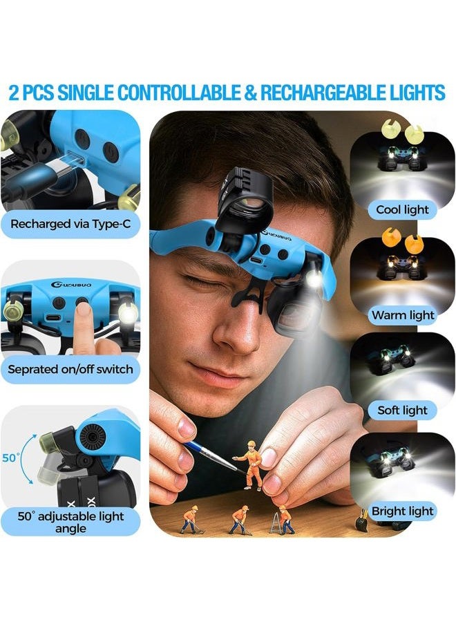 GUOUBUO Magnifying Glass with Light, 2X 4X 6X 10X 13X Magnifying Glasses Lens, Switchable Binoculus Loupe w/Storage Case, Rechargeable Head Mount Magnifier for Close Work Watch Repair Crafts Jewelry - Image 4