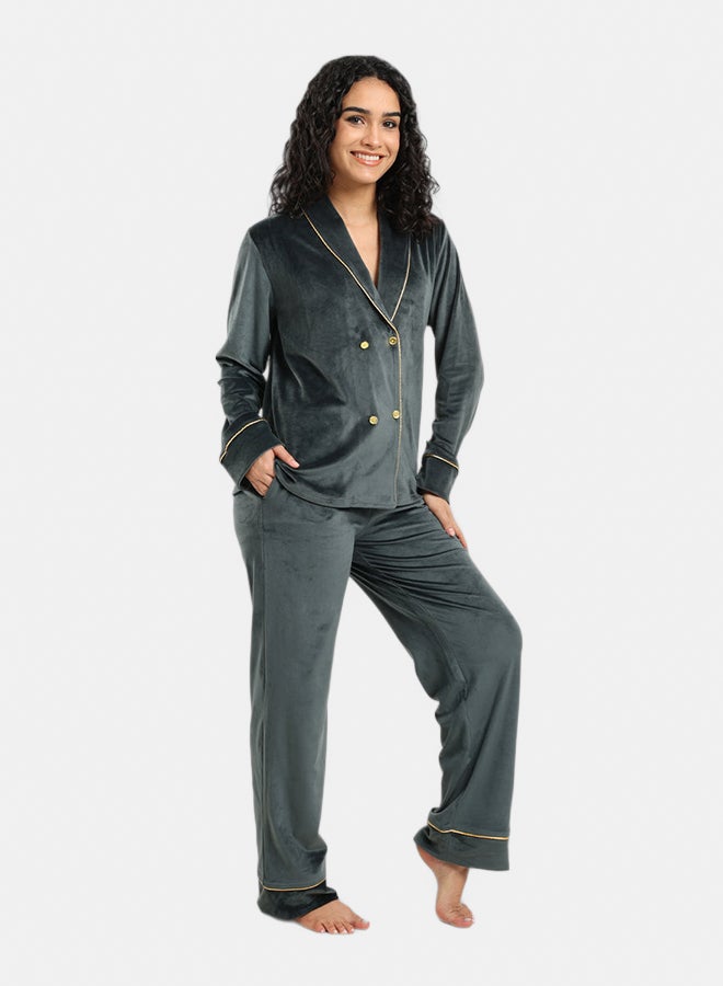 Carina Women’s Double-Breasted Velvet Regular Fit Pyjama Set – Green Grey - Image 2
