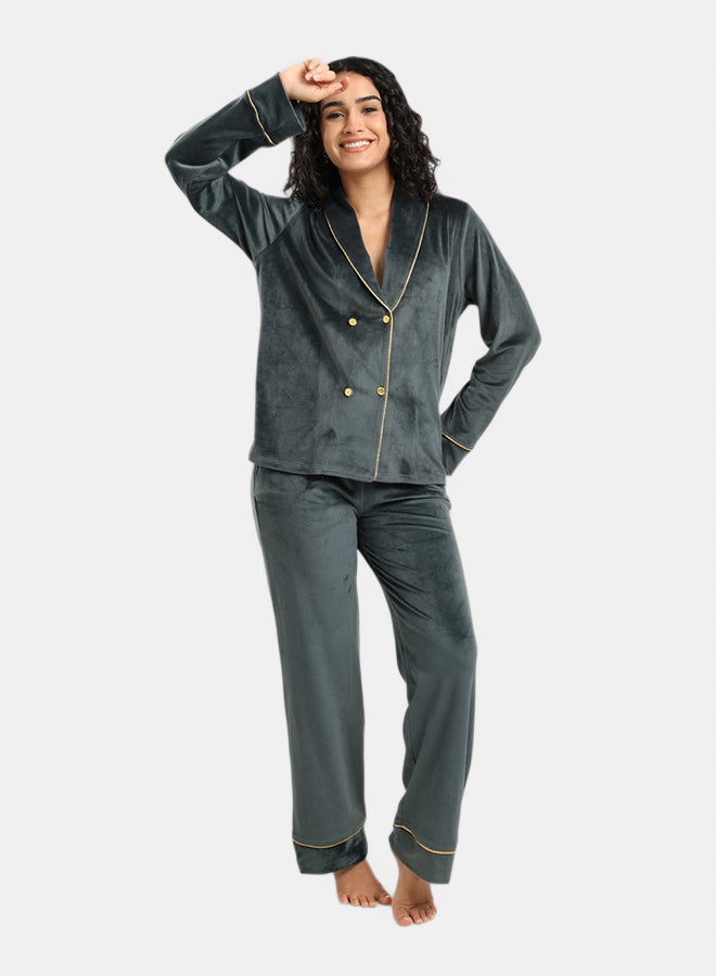 Carina Women’s Double-Breasted Velvet Regular Fit Pyjama Set – Green Grey - Image 1