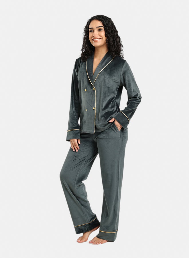 Carina Women’s Double-Breasted Velvet Regular Fit Pyjama Set – Green Grey - Image 3