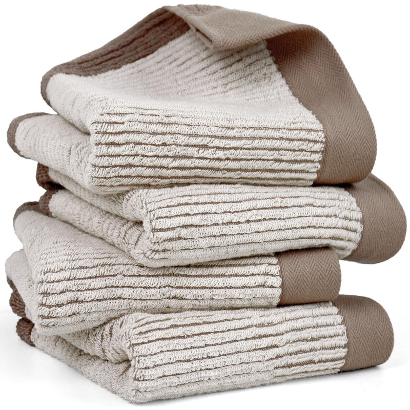 Cleanbear Hand Towels for Bathroom Set of 4, Jacquard Weaved Cotton Face Towels, 28 x 13.7 Inches (Light-Brown) - Image 1
