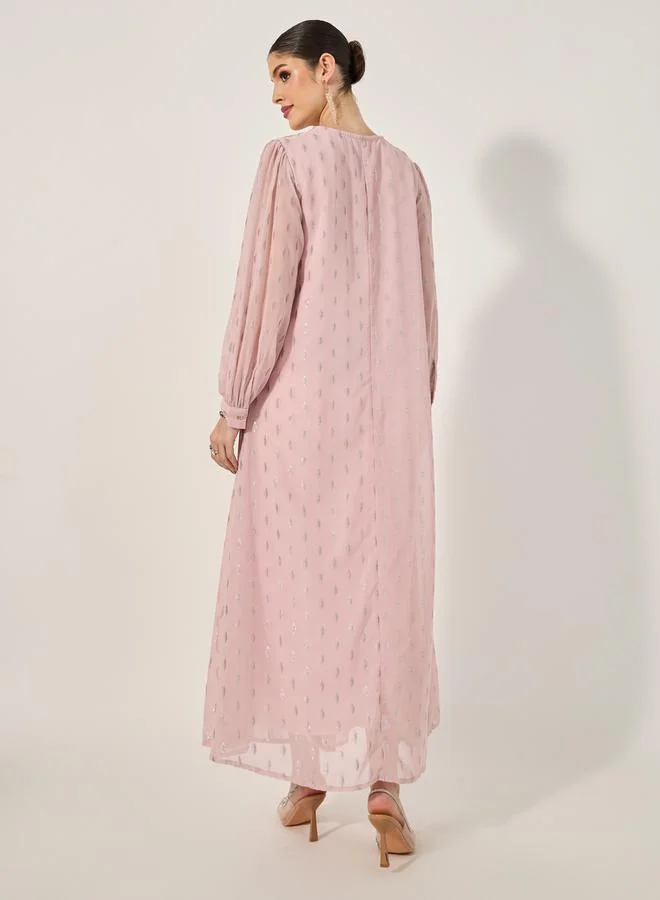 Styli Dobby Balloon Sleeve V-Neck A-Line Maxi Dress