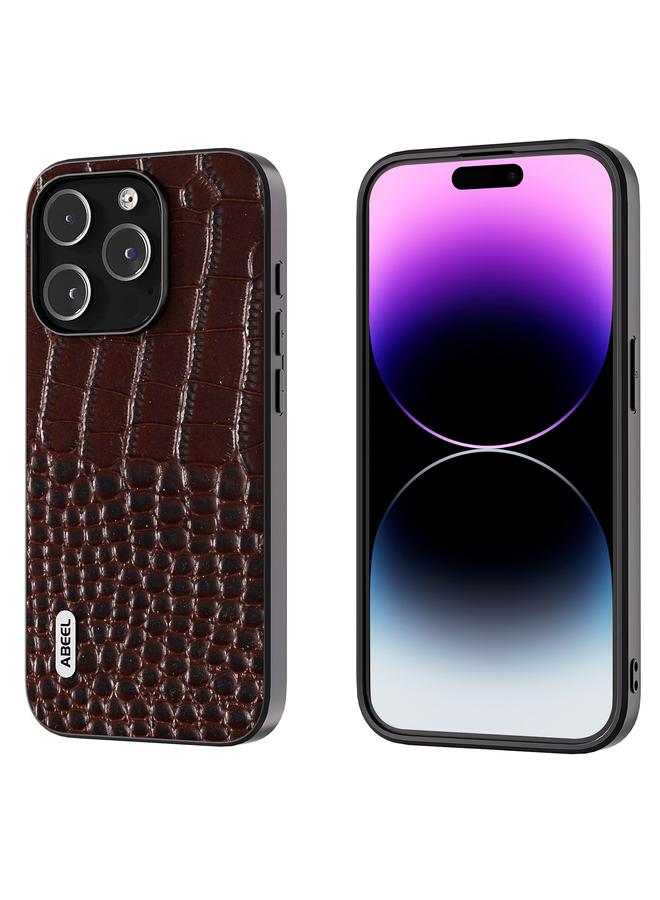 اس-توب جراب هاتف من الجلد الطبيعي بتصميم جلد التمساح من ABEEL لهاتف iPhone 15 Pro، بحافة سوداء - Image 1