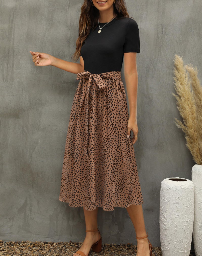 Zattcas Womens 2026 Summer Dresses Short Sleeve Ribbed Teacher Church Modest Business Casual Work Outfits Midi Dress with Pockets Blackbrown M - Image 4