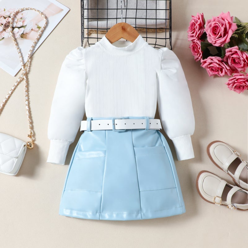 Fashion Fan Children'S Pit Strip Bubble Long Sleeve Top Pu Leather Short Skirt Belt Girls' Suit - Image 4