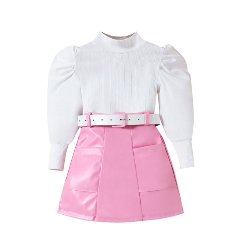Fashion Fan Children'S Pit Strip Bubble Long Sleeve Top Pu Leather Short Skirt Belt Girls' Suit - Image 1