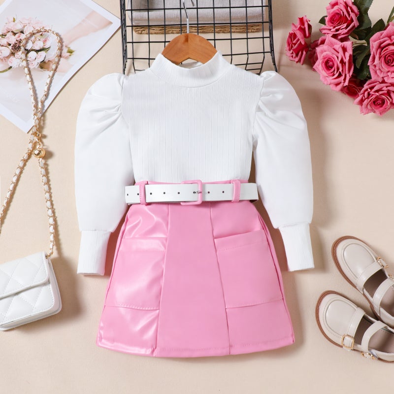 Fashion Fan Children'S Pit Strip Bubble Long Sleeve Top Pu Leather Short Skirt Belt Girls' Suit - Image 3