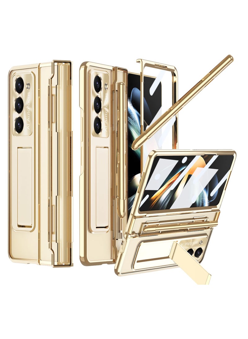 Protective Case for Samsung Z Fold  Compatible with S Pen u0026 S Pen Holder u0026 Kickstand, Stylish Gold Case with Pen Slot for Galaxy Z Fold 5 and Galaxy Z Fold 5 5G (Gold) - Image 1