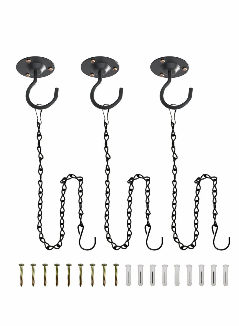 خطاف سقف معدني مع سلاسل معلقة للنباتات والفوانيس - مثالي لمغذيات الطيور وأجراس الرياح، 3 حزمة باللون الأسود - Image 1