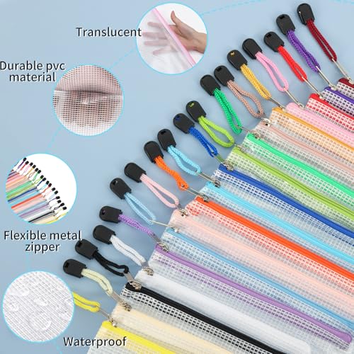 EOOUT 56pcs Mesh Zipper Pouch, Waterproof Zipper Bags, 8 Sizes Plastic Travel Pouch, 18 Colors, Multipurpose for Travel Storage, Office Appliances - Image 3