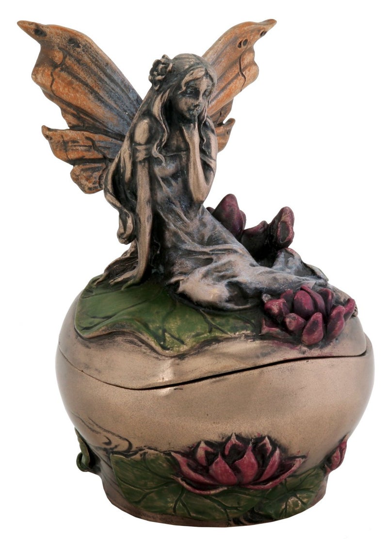 SUMMIT COLLECTION Pondering Fairy on Lotus Fantasy Art Nouveau Michelle Jewelry Box Display Decoration 3 Inches