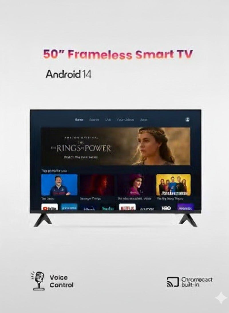 H2O 50-Inch Frameless Smart LED TV – Model H2LED5332S | FHD Android 14 Television with Google Assistant, Chromecast Built-In, Voice Remote Control, HDR10 Display & Wi-Fi Connectivity - Image 1