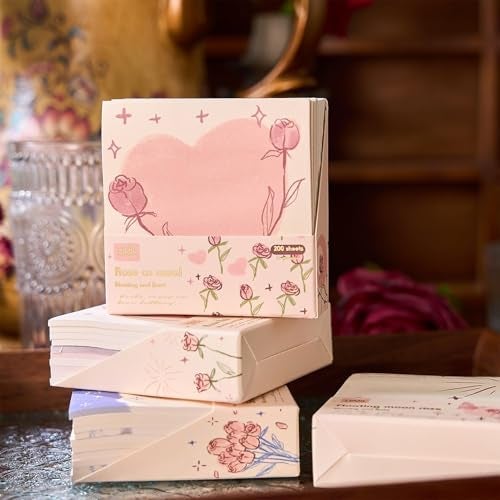 RUJVE Romantic Sticky Notes Set, Multicolour, Over 200 Rectangular Self - Stick Memo Pads with Delicate Heart, Rose & Butterfly Designs for Journaling, Office, Creative Projects (Pack 1)(Multi Color) - Image 1