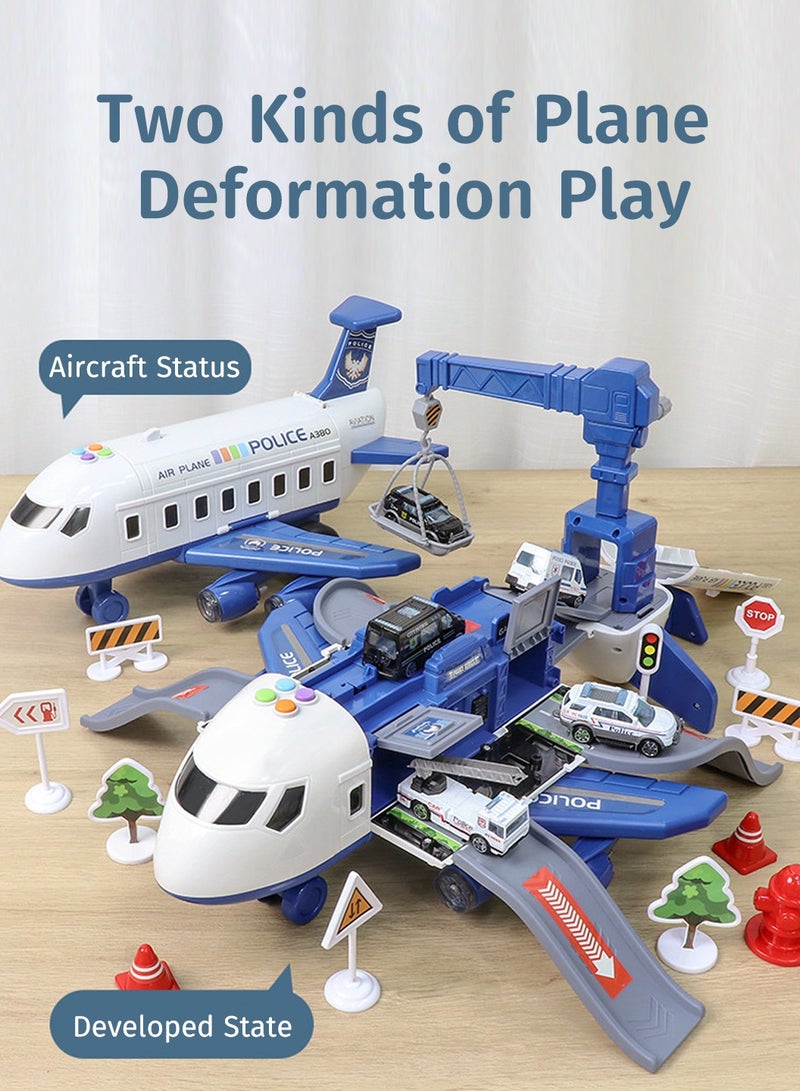 Moovant Airplane Toys for Kids, Race Track Toys with Lights Sounds, Car Adventure Toys with 3 Cars and 11 Road Signs, Police Themed Transport Airplane Toy with Taxiway for Toddlers Boys Girls - Image 2