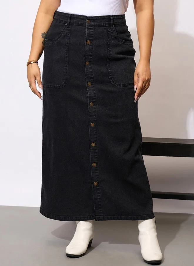 SASSAFRAS Curve Black Denim Maxi Skirt for Women