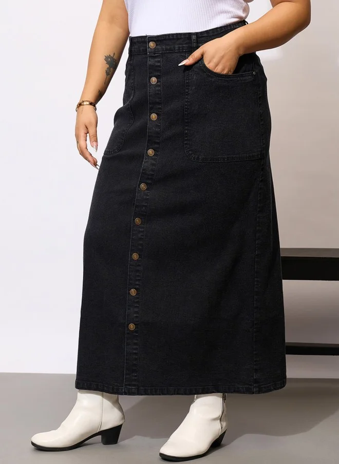 ساسافراس Curve Black Denim Maxi Skirt for Women