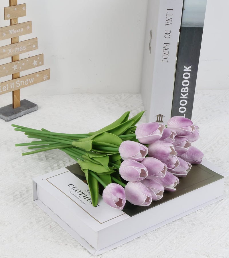 IPOPU Real Touch Purple Tulips 24PCS Artificial Flowers for Decoraion Fake Tulips Light Purple Flowers Floral Arrangements Artificial Faux Tulip Decor for Table Home Kitchen Decor (Light Purple) - Image 2