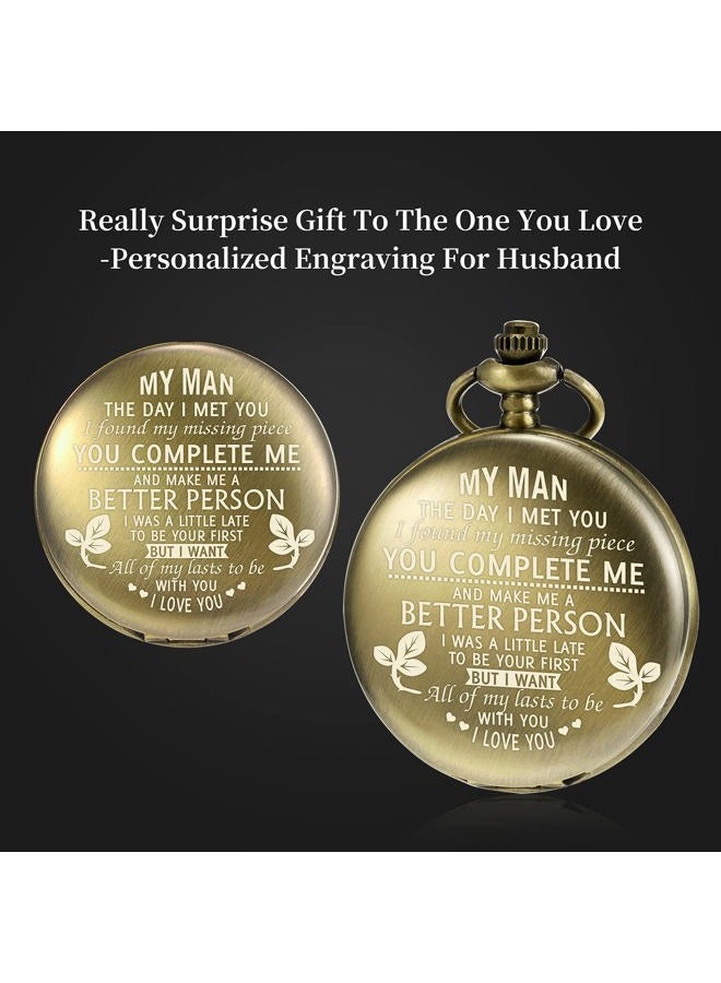 TREEWETO Engraved Pocket Watch for Boyfriend My Man Fiancé Husband Customized Personalized Fob Watches for Men Birthday Anniversary Personalized Watch Bronze - Image 4