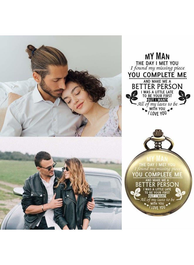 TREEWETO Engraved Pocket Watch for Boyfriend My Man Fiancé Husband Customized Personalized Fob Watches for Men Birthday Anniversary Personalized Watch Bronze - Image 2