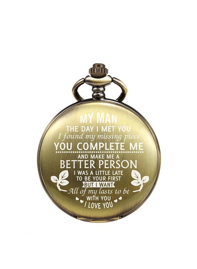 TREEWETO Engraved Pocket Watch for Boyfriend My Man Fiancé Husband Customized Personalized Fob Watches for Men Birthday Anniversary Personalized Watch Bronze - Image 1